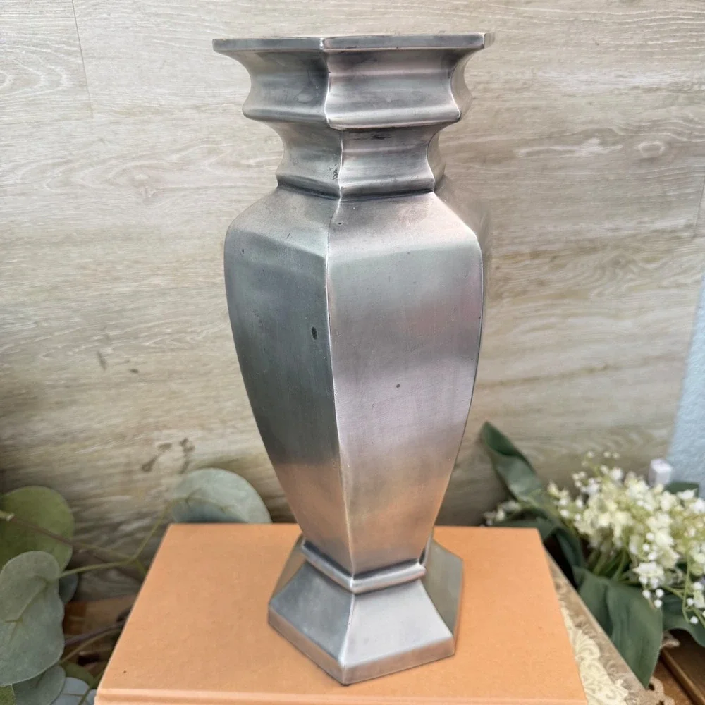 Pottery Barn Estate Vase Tall Hexagonal Silver Cast Aluminum Matte Finish Decor